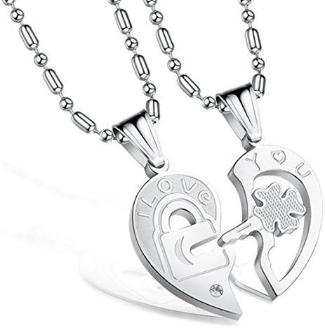 Y and M Titanium Stainless Steel Best Friend Key and Lock Puzzle Pendant and Chain Set (Silver)