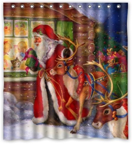 66"(Width) x 72"(Height)Stylish Lovely Santa Claus Reindeer Pattern Bathroom Shower Curtain Shower Rings Included, Merry Xmas Christmas Eve, Great Decoration for Christmas (New Polyester)