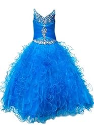 Girls V-neck Organza  Lace Crystal Crystals Sequined Floor Length Pageant Dress  With Ruffles