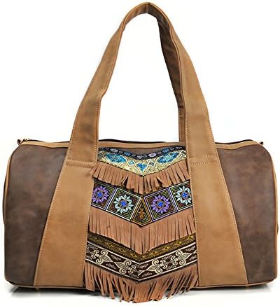 SSNF Ladies handbag Pu Leather Tassel Handmade Embroidery Top Handle Bag(Khaki)