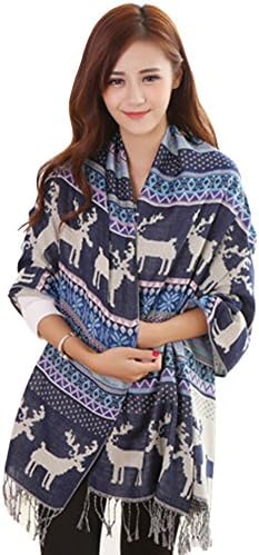 Bella C (TM) Women's Double Sides Multi-Color Long Deer Scarf Shawl With Tassels (4 Blue Deer)