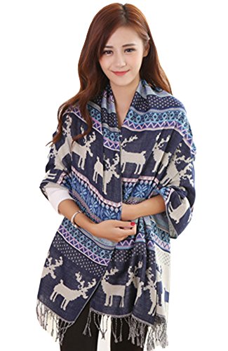Bella C (TM) Women's Double Sides Multi-Color Long Deer Scarf Shawl With Tassels (4 Blue Deer)