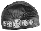 Biker Iron Cross Black Leather Do Rag Biker Motorcycle Skull Cap