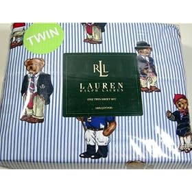 Lauren Ralph Lauren Teddy Bear Stripe 100% Cotton Twin Sheet Set (1 Flat Sheet, 1 Fitted Sheet & 1 Pillowcase)