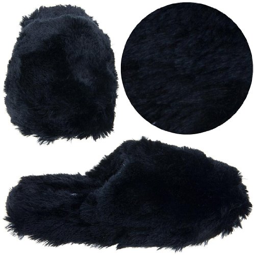 Simple Pleasures Black Fuzzy Slip On Slippers for Women