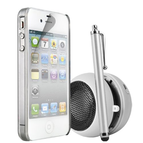 KC-Electronics SUPER 4-IN-1 Apple Iphone 4 & 4S Stylish Ultra Thin Clear Crystal Case Skin Cover + White High Capacitive Stylus Pen + White 3.5mm Capsule Speaker + LCD Screen Protector Guard