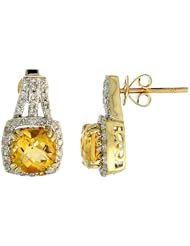 14k White Gold Large Stone Earrings, w/ 0.30 Carat Brilliant Cut Diamonds & 3.78 Carats 7mm Cushion Cut Citrine Stone, 5/8" (16mm) tall