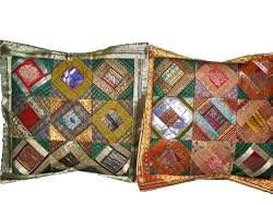 2 State green Burnt orange Tribal India Vintage Sari Toss Pillow Cushion Covers
