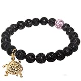 Lava Rock Stretch Bracelet with Turtle Charm & Pink Rhinestone Bead Accent