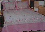 3pc 100% Cotton Fully Quilted Embroidery Bedspread Cover Set Beige / Pink,  ....