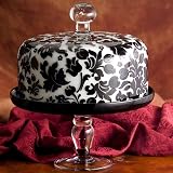 BLACK/WHITE DOMED CAKE STAND - BLACK AND WHITE FLORAL DOMED CAKE STAND - cake dome