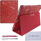 iPad Case Bundle including 1 Bling Faux Leather Case with Glitter Flowers for Apple iPad 4, iPad 3, and iPad 2 / 2 Stylus Pens / 1 ECO-FUSED Microfiber Cleaning (Red)