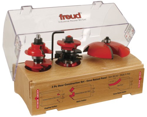 Freud 98-302 Three Piece Exterior-Interior Door Construction Set Includes 99-267 Roundover R and S w 99-518 Cove Raise Panel Bit- 1-34 or 1-38 Doors