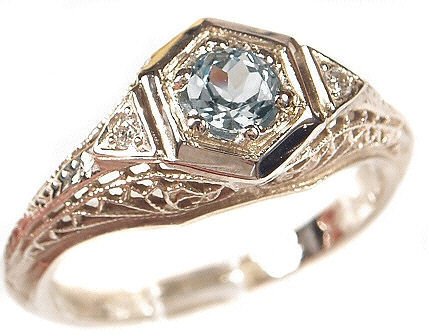 14k White Gold Art Deco Style Filigree Blue Topaz & Diamond Ring