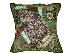 Dark Olive Green Ethnic Indian Sari Beaded Floor Pillow Cover 24" FREE SHIPP