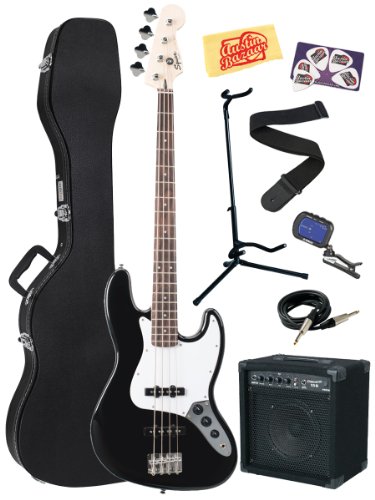 Squier Bullet Electric Jazz Bass Guitar Bundle with Hardshell Case, 15-Watt Amp, Instrument Cable, Stand, Tuner, Strap, Picks, and Polishing Cloth - Black On Sale