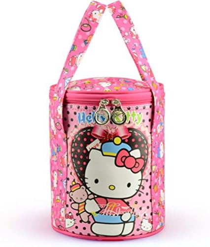Free2mys Children Cartoon Canvas Cylinder Zipper Lunch Box Tote Bag (Hello Kitty Red)