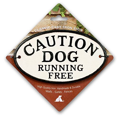 Caution Dog Running Free Cast Iron Oval Sign