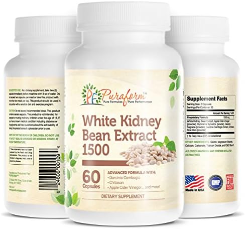 Puraform White Kidney Bean Extract 1500mg - 60 Capsules - Natural and Advanced Formula Carb Blocker, with Garcinia Cambogia. Dietary Supplement for Weight Loss
