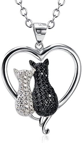 Two-tone 925 Sterling Silver Black and White Cat Crystal CZ Love Charm Pendant Rolo Chain Necklace, 18"