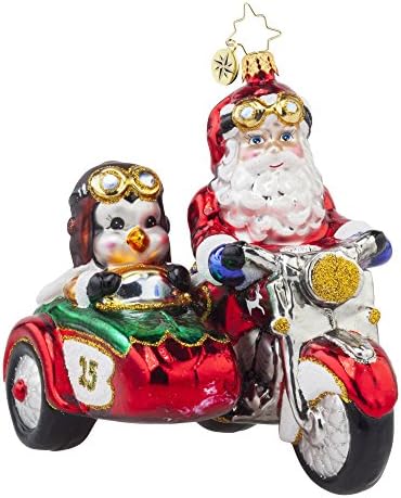 RADKO MOTORCYCLE CHUMS Santa Penguin Side Car Christmas Glass Ornament