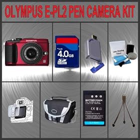 Olympus PEN E-PL2 Digital Camera (Red) W/14-42mm II Lens + Huge Accessories Package Including 4GB SDHC Memory Card + High Capacity BLS-5 Replacement Lithium-Ion Battery + Hi-Speed SD Card Reader + Carrying Case + Table Top Tripod + Lens Cleaning Kit + LCD Screen Protectors Kit