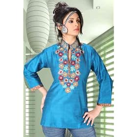 Blue Raw silk kurti with multicolour embroidery and jute work on the neckline and collar.