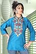 Blue Raw silk kurti with multicolour embroidery and jute work on the neckline and collar.