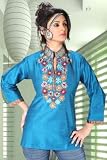 Blue Raw silk kurti with multicolour embroidery and jute work on the neckline and collar.
