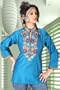 Blue Raw silk kurti with multicolour embroidery and jute work on the neckline and collar.