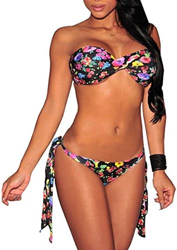 QYTong Women's Black Floral Bandeau Scrunch Butt Bikini Size M US