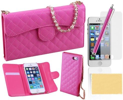 Kingsource (TM) Elegant Lady Handbag Style Wallet Leather Case with Credit Card Slots Suitable For Apple iphone 5 5g 5s Crystal Flower Bling and Hand Strap Luxury Fashion Handbag Metal Chain Style PU Leather Wallet Case for Apple iphone 5 5g 5s with 1 Screen Protector, 1 Stylus and 1 Microfiber Sticker Digital Cleaner (iPhone 5 5s rose red)