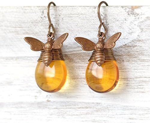Honey Bee Wire Wrapped Glass Teardrop Earrings