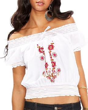 bebe Embroidered Smocked Short Sleeve Top from bebe.com