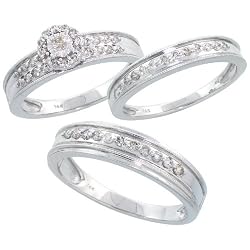 14k White Gold 3-Piece Trio His (5mm) and Hers (3.5mm; 6mm) Wedding Band Set, w/ 0.72 Carat Brilliant Cut Diamonds; (Men's size 8.5 to 12.5); Ladies' size 7.5
