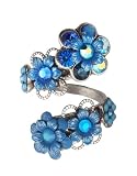 Michal Negrin Silver Coating Wrap Ring with Swarovski Crystals and Hand-painted Flowers - Victorian style, made in Israel; Size is Adjustable