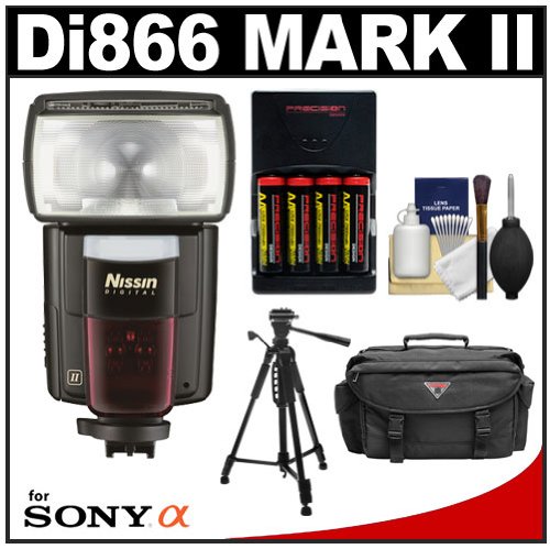 Nissin Digital Speedlite Di866 Mark II Flash (ADI/P-TTL) with Batteries & Charger + Case + Tripod + Cleaning Kit for Sony Alpha DSLR-A560, A580, A900, SLT-A33, A35, A65 & A77 Digital SLR Camera