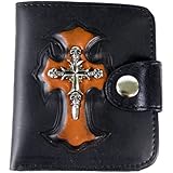 Black & Orange Skull Iron Cross Leather Bi Fold Biker Wallet