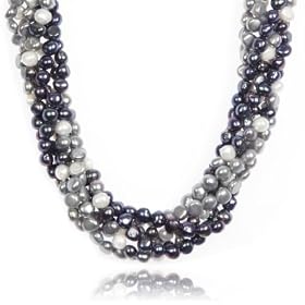 Sterling Silver Shortener Three-Strand Peacock, Grey and Multi-Color Freshwater Cultured Pearl Necklace, 36"