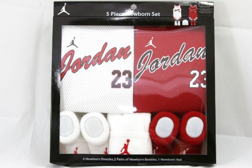 Nike Jordan Infant New Born Baby 5 Pieces Lap Shoulder Bodysuit, Booties and Cap Gift Set; 0-6 Months; Red and White with Jumpman 