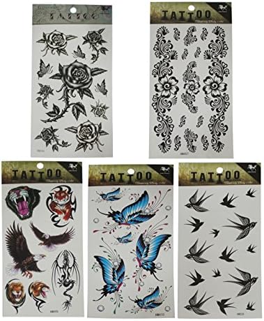 (Pack of 5) Temporary Tattoos (Over 30 tatoos in total) - Many Designs - Butterfly & Rose, Flower, Tiger, Eagle, Dragon & Lion, Butterfly and Swallow