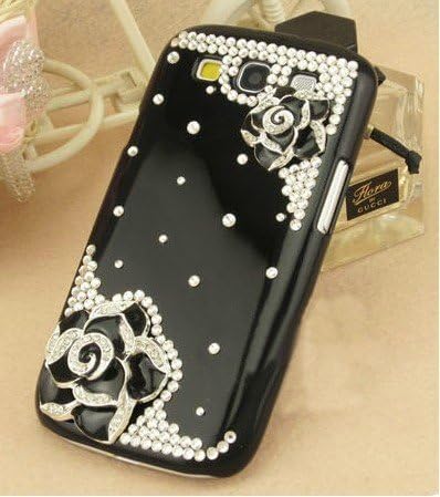 OOOUSE 3D Black Bling Crystal Rhinestone Flower Case Cover Skin for Samsung Galaxy S3 SIII i9300 with Screen Protector &amp; Stylus &amp; Cleaning cloth