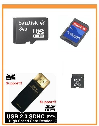 SanDisk 8GB MicroSDHC Memory Card with Adapter (Bulk Package) + SanDisk MicroSDHC to MiniSDHC Adapter + USB2.0 High Speed Card Reader