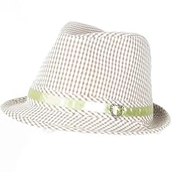 New Cotton Searsucker Plaid Belt Fedora Trilby Hat Light Khaki Small / Medium