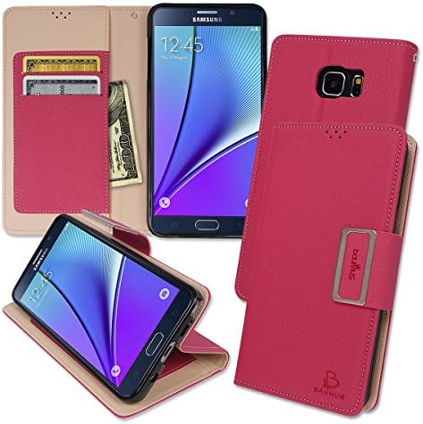 Note5 Magnetic Kickstand Wallet Case, Samsung Galaxy Note 5 Soft Foldable Leather Diary Flip Cover, 10 Colors (Hot Pink)