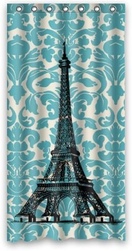 36" x 72" Generic Waterproof Shower Curtain with Teal Turquoise Damask Vintage French Floral Swirls With Paris Eiffel Tower Art Print Design