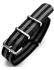 18mm G10 Nato James Bond Nylon Watch Strap Polished Buckle - Black & Grey Strips