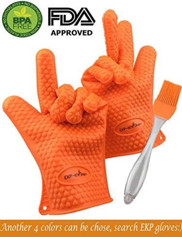 BBQ Gloves, Grilling Gloves Heat Resistant, Silicone Oven Mitts Barbecue Accessories Gloves, Non Slip Barbeque Cooking Brush for Pot holder, Baking and Grilling Protective(Orange)