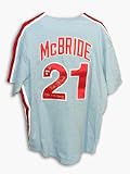 Bake McBride Autographed Philadelphia Phillies Throwback Blue Majestic Baseball Jersey Inscribed wi
