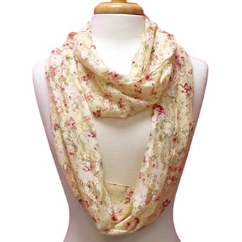 Feminine Ivory Lace Infinity Ring Scarf With Flower Print